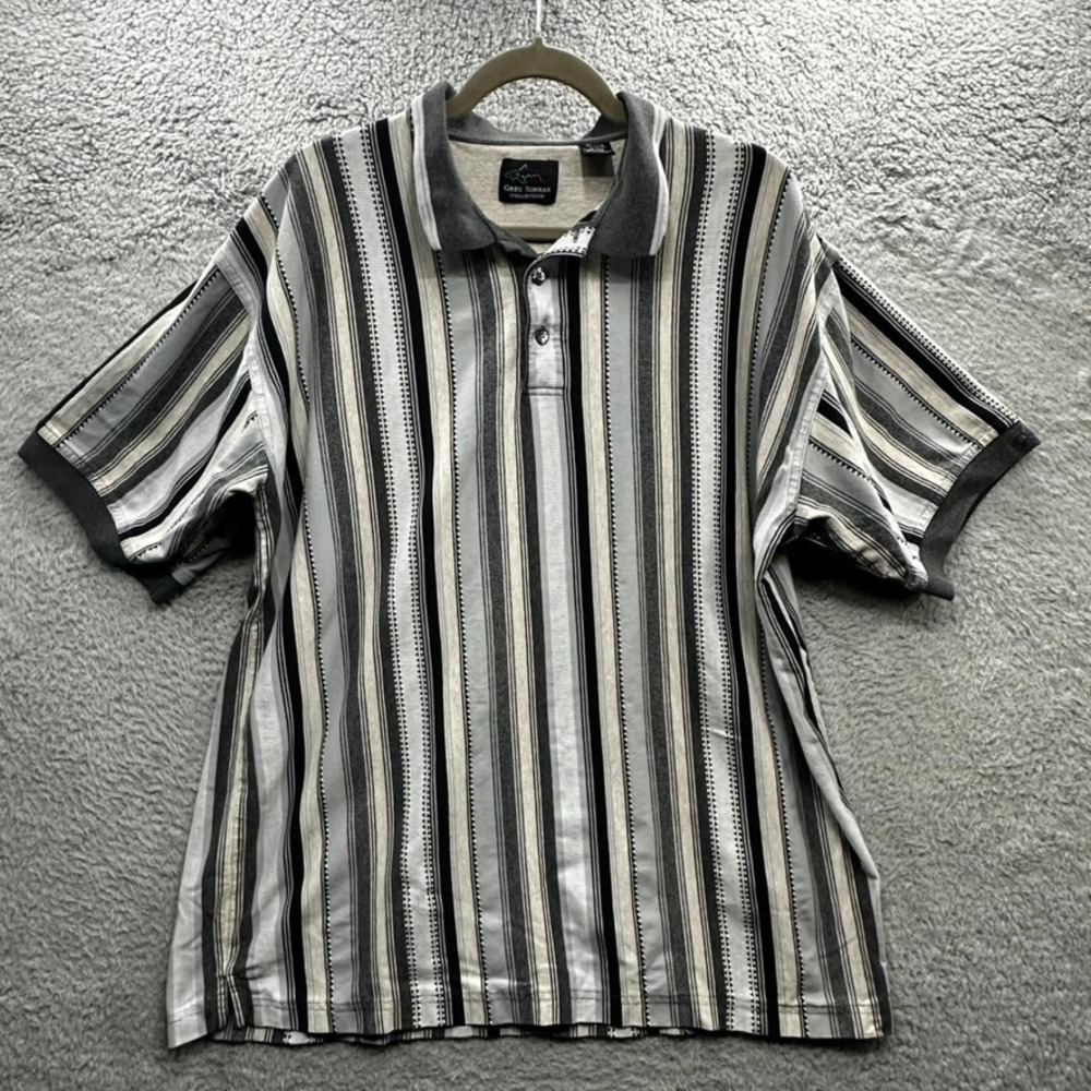 VTG Greg Norman Collection Mens XL Polo Shirt Grey Black Stripe Cotton Golf EUC